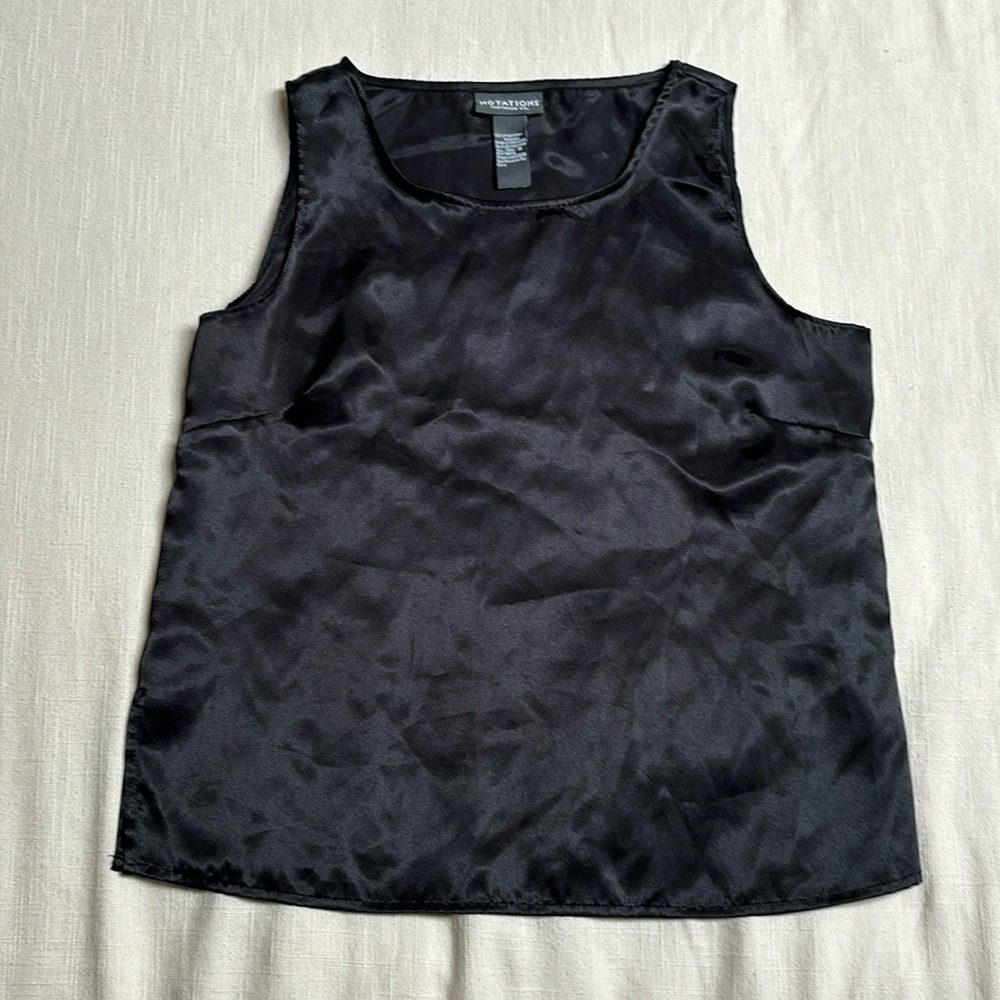 Vintage Black Satin-like Tank Top Women’s Size Medium Black with Side Slits